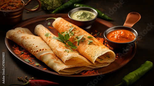 wide top view background photo, delicious masala dosa and curries on a tray, Indian traditional food recipe banner image in dark color background