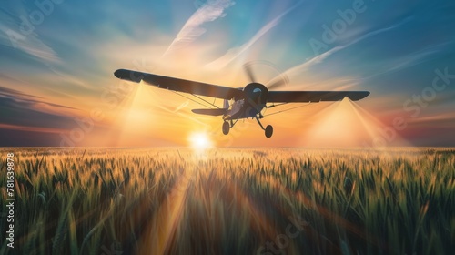 Agricultural airplane is flying over wheat field and performing crop spraying to protect crops from pests and plant diseases.  photo