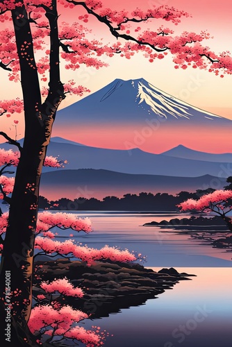 Japanese cherry blossoms in full bloom along shores of tranquil lake, capturing essence of springs beauty, tranquility. For art, creative projects, advertising campaigns, blogs, print, magazine.