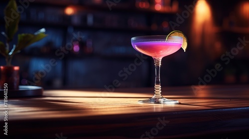 A cocktail with a lime garnish sits on a bar counter in ambient lighting photo