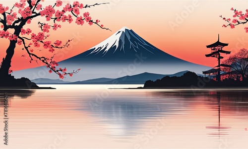 Japanese cherry blossoms in full bloom along shores of tranquil lake, capturing essence of springs beauty, tranquility. For art, creative projects, advertising campaigns, blogs, print, magazine.