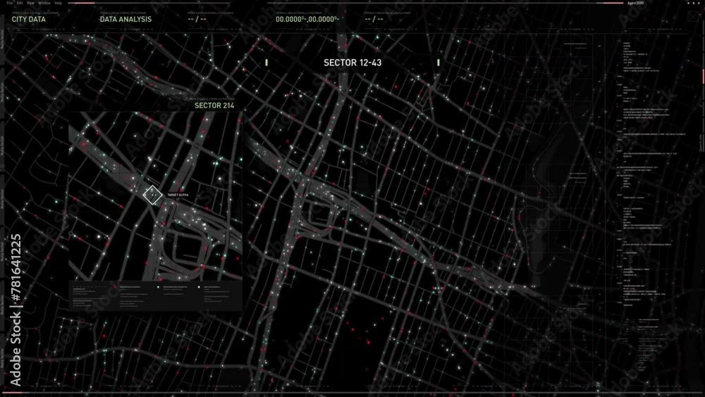 Surveillance tech scanner analysing the town at night. Surveillance tech scanner identifying the target car on the map. Surveillance tech scanner following the vehicle on the road. Spy technology Surveillance tech scanner analysing the town at night. Surveillance tech scanner identifying the target car on the map. Surveillance tech scanner following the vehicle on the road. Spy technology