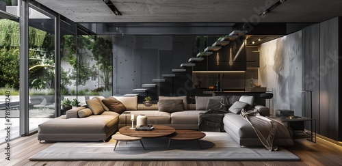 A modern living room with a large sectional couch, a coffee table