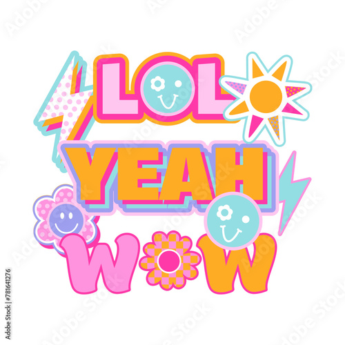 Abstract drawing  illustration for t-shirts with words, quotes, cool patches, stickers. Bright retro design. Fashion illustration in modern style for teen girlish print