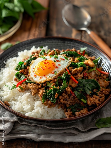 Pad Kra Pao, Thai food's commercial gem, with its spicy minced chicken, basil, and egg atop rice, invites a global palate