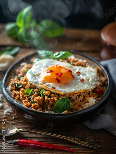 Pad Kra Pao, Thai food's commercial gem, with its spicy minced chicken, basil, and egg atop rice, invites a global palate