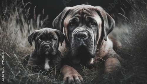 a mastiff dog and puppy in grass © Raegan