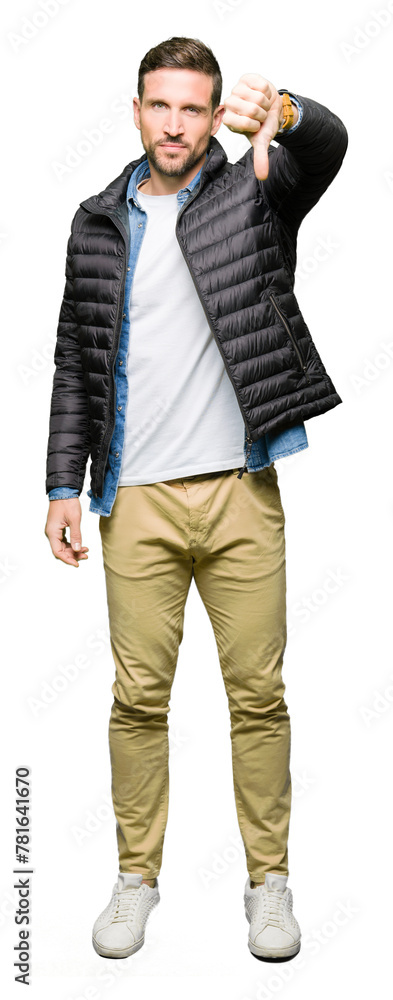 Handsome man wearing winter coat looking unhappy and angry showing rejection and negative with thumbs down gesture. Bad expression. Handsome man wearing winter coat looking unhappy and angry showing rejection and negative with thumbs down gesture. Bad expression.