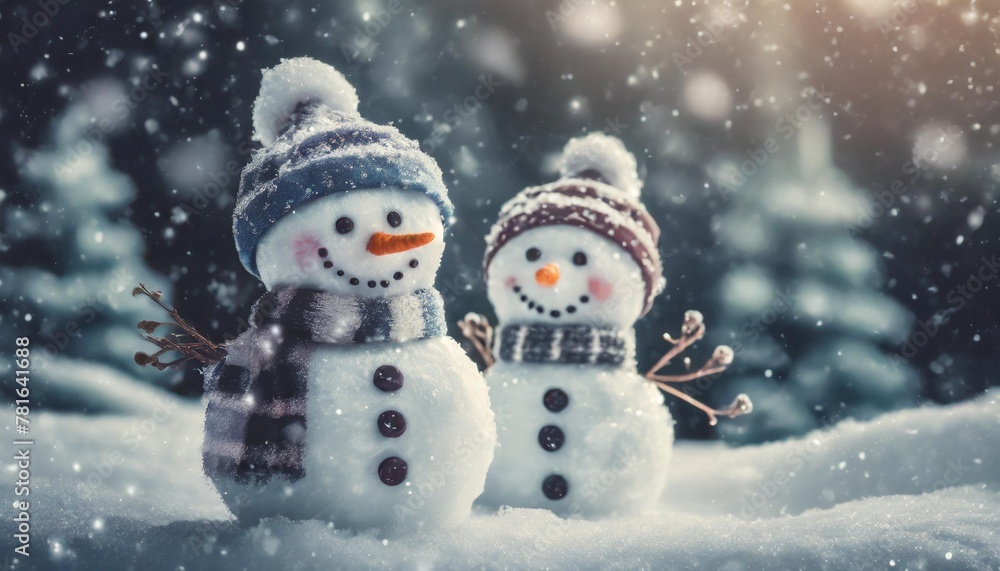 two little snowmen in caps on snow in the winter background with a funny snowman christmas card