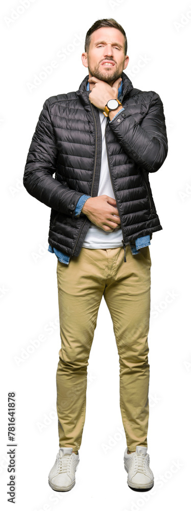 Handsome man wearing winter coat Touching painful neck, sore throat for flu, clod and infection Handsome man wearing winter coat Touching painful neck, sore throat for flu, clod and infection