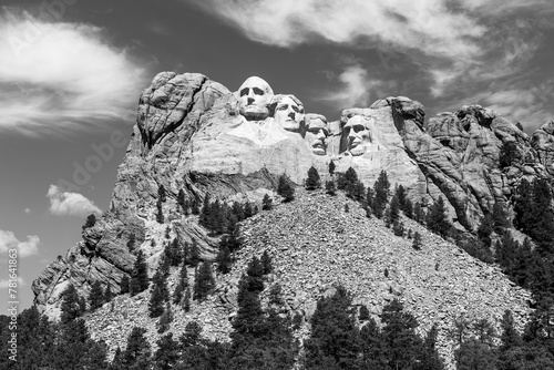 Mount Rushmore national monument in black and white, Rapid City, South Dakota, United States of America, USA.