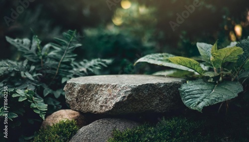 rock podium in a natural setting natural greenery sunset sunlight atmospheric natural background zen style stone in a lush garden ideal for a stand podium for eco products