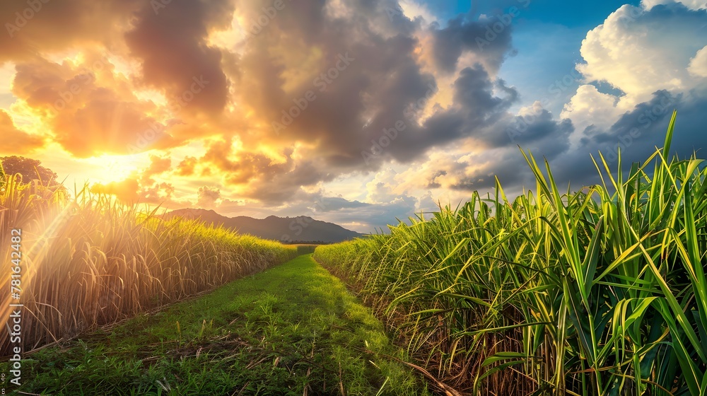 Sugarcane field and cloudy sky at sunset
