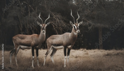 a couple of antelope standing next to each other on a dry grass field with trees in the background © Raegan