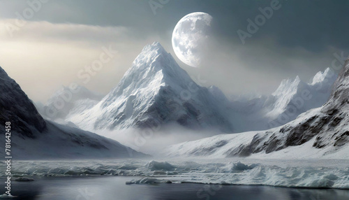 Frozen mountain landscape covered in blowing snow and ice with view of moon in the sky. AI generated.