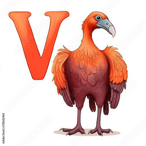 Orange cartoon vulture standing on white background near big letter V. Creative kids alphabet