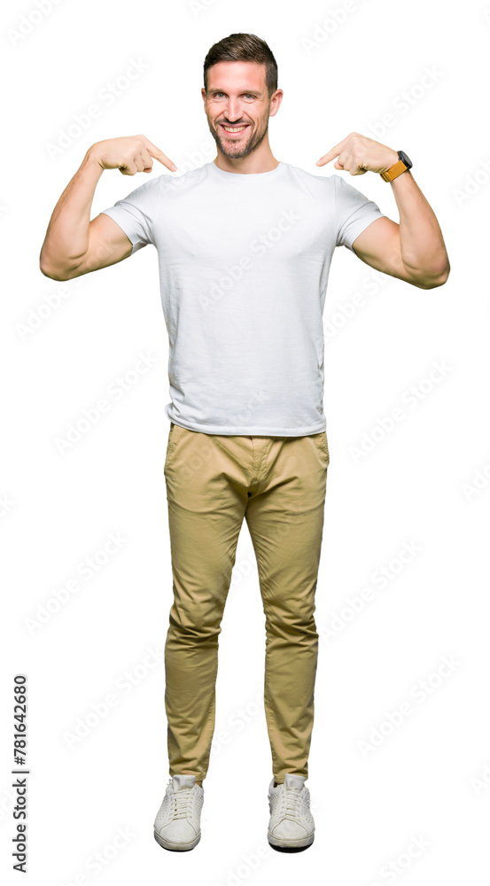 Handsome man wearing casual white t-shirt looking confident with smile on face, pointing oneself with fingers proud and happy. Handsome man wearing casual white t-shirt looking confident with smile on face, pointing oneself with fingers proud and happy.