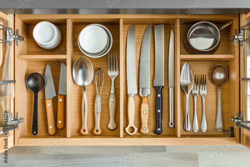 An image of a kitchen cabinet with drawers that store knives, spoons and other utensils, divided by functionality and organized for ease of use.
