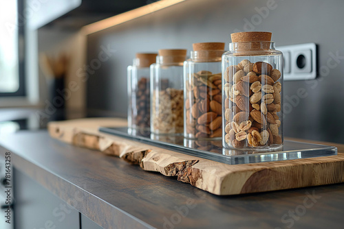 Photo of a modern stylish kitchen countertop with a solid wood board on which are clear glass jars filled with nuts. Organization of space