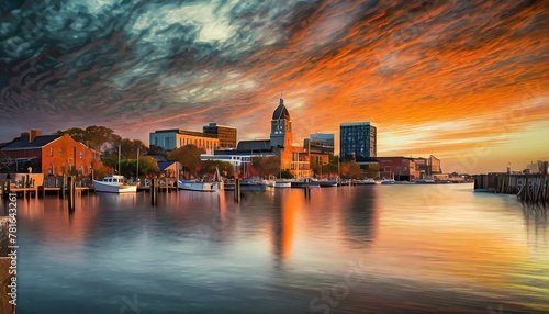 view of hampton virginia downtown waterfront district seen at sunset under colorful sky © Raegan