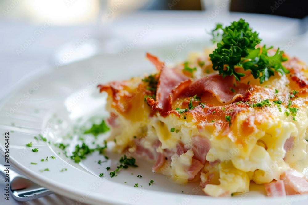 Serving of cauliflower and ham gratin with melted cheese and parsley, on a white plate. Creamy Cauliflower and Ham Gratin on Plate Serving of cauliflower and ham gratin with melted cheese and parsley, on a white plate. Creamy Cauliflower and Ham Gratin on Plate