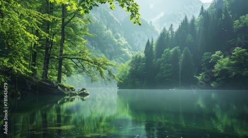 Trees growing at lake shore in mountains