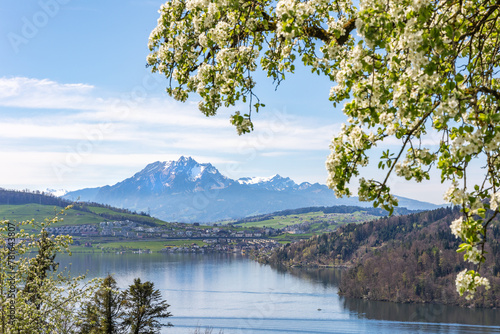 Mountain view over the Lake of Zug in central Switzerland with the famous Alpen peak Pilatus at the background in spring time