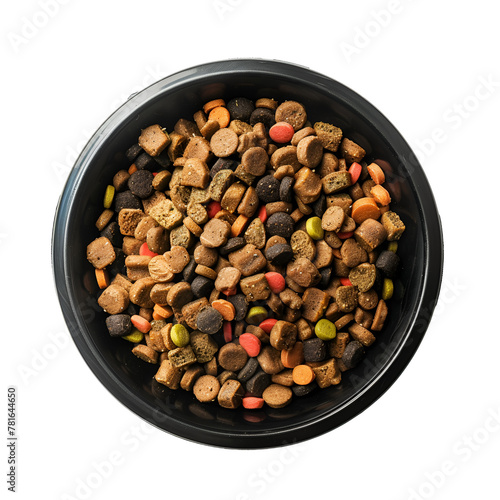 Close up top view of dog food in pet bowl, Isolated on Transparent Background, PNG