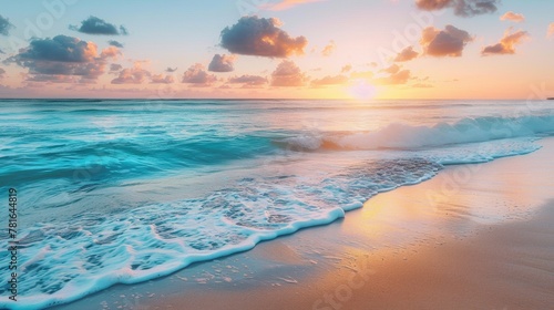 A beach with waves and a sunset in the background, AI
