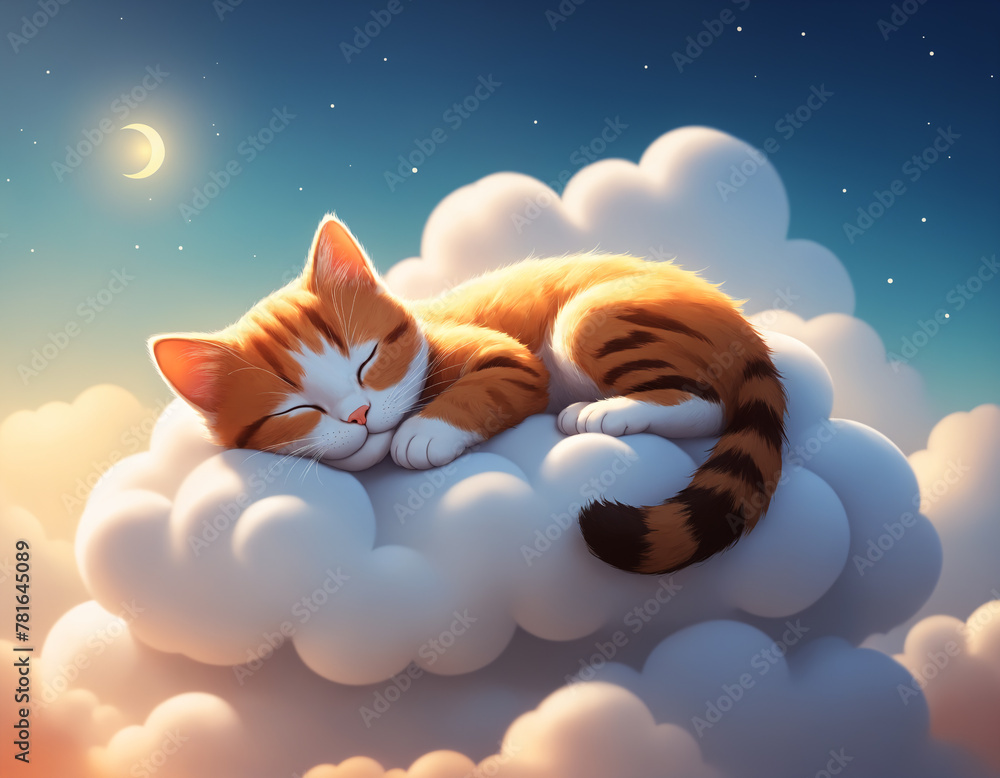 Cute little cat peacefully dozes on a cloud, surrounded by the soft rays of the setting sun and a serene ambiance. Generative AI