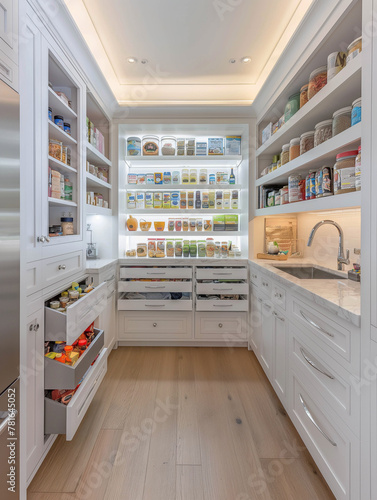 Photo of organizing space in the kitchen and refrigerator, modern kitchen, decor in white tones.