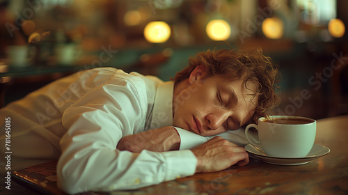 Un homme en costume s'endort devant son café : épuisement professionnel, fatigue physique et mentale, état de surmenage