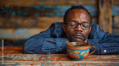 Un homme en costume s'endort devant son café : épuisement professionnel, fatigue physique et mentale, état de surmenage photo