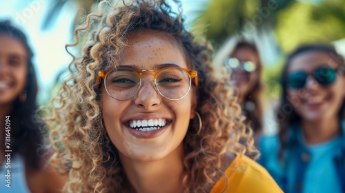 A woman with glasses smiling while standing in front of other people, AI