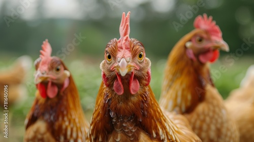 A group of chickens standing in a field with their heads turned, AI