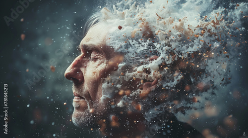 Homme souffrant d'Alzheimer ou de démence sénile : fragmentation de la conscience, perte de la mémoire et des facultés cognitives photo