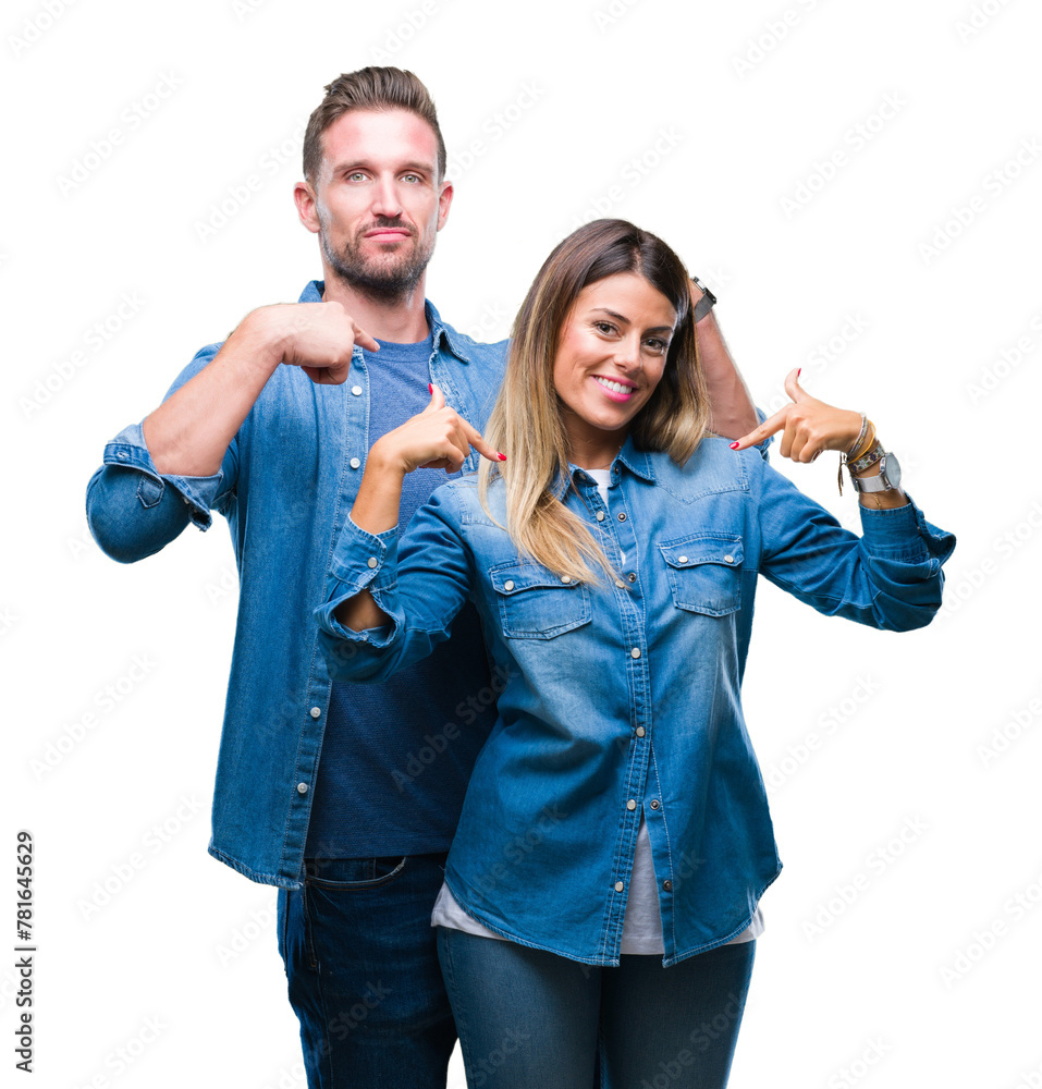 Young couple in love over isolated background looking confident with smile on face, pointing oneself with fingers proud and happy. Young couple in love over isolated background looking confident with smile on face, pointing oneself with fingers proud and happy.