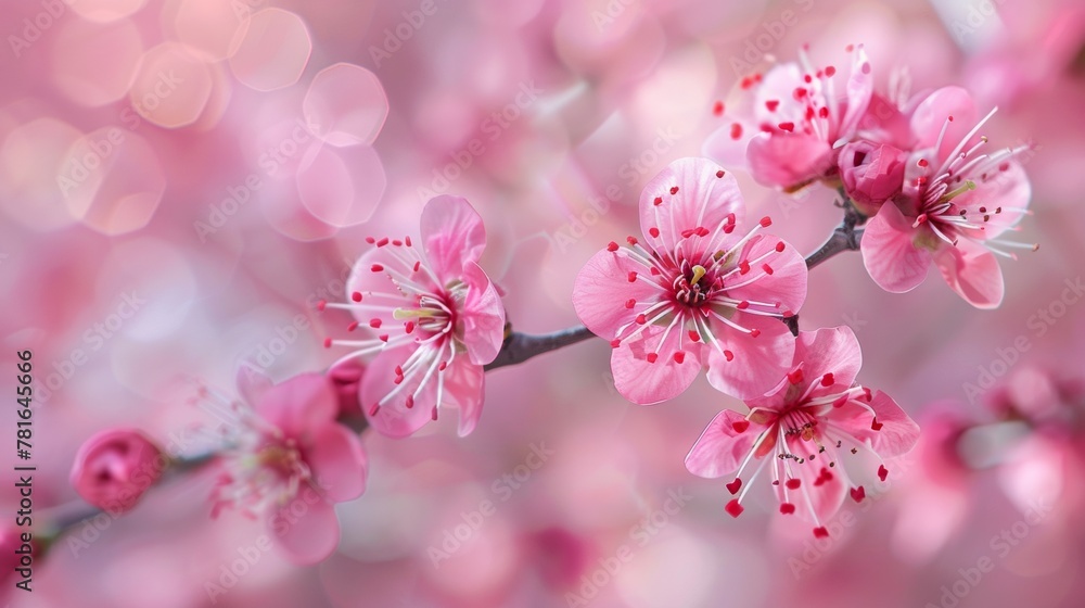 A close up of a pink flower branch with small red dots, AI