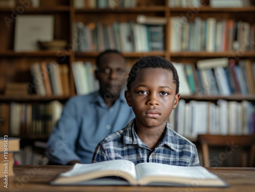 Boy with dad in the book library. Black people family