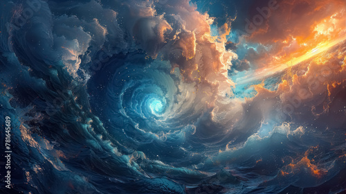 mystical cosmic swirl, celestial dance of light and dark, ethereal universe art