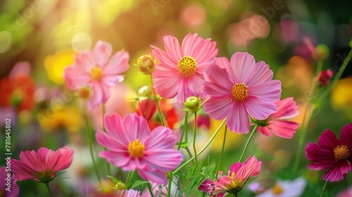 A close up of a bunch of pink and yellow flowers, AI © starush