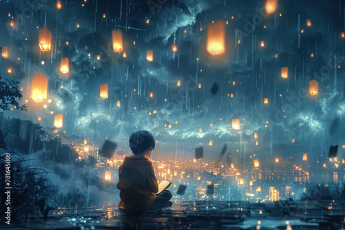 enchanted night rain with glowing lanterns floating around a solitary child amidst the serene and mystical landscape