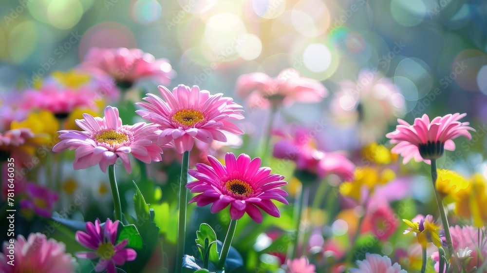 A bunch of pink and yellow flowers are in a field, AI A bunch of pink and yellow flowers are in a field, AI