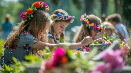 Children Dedicating Flowers To The Heroes Of War