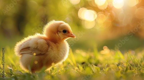 A small chicken standing in a field of grass with sunlight behind it, AI