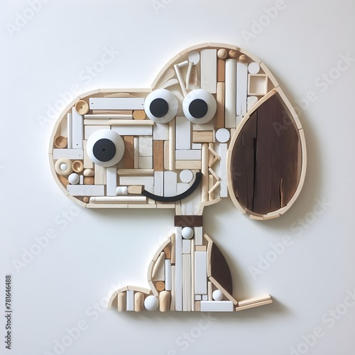A creative work of art that looks like snoopy made from scraps and various pieces of wood. 
