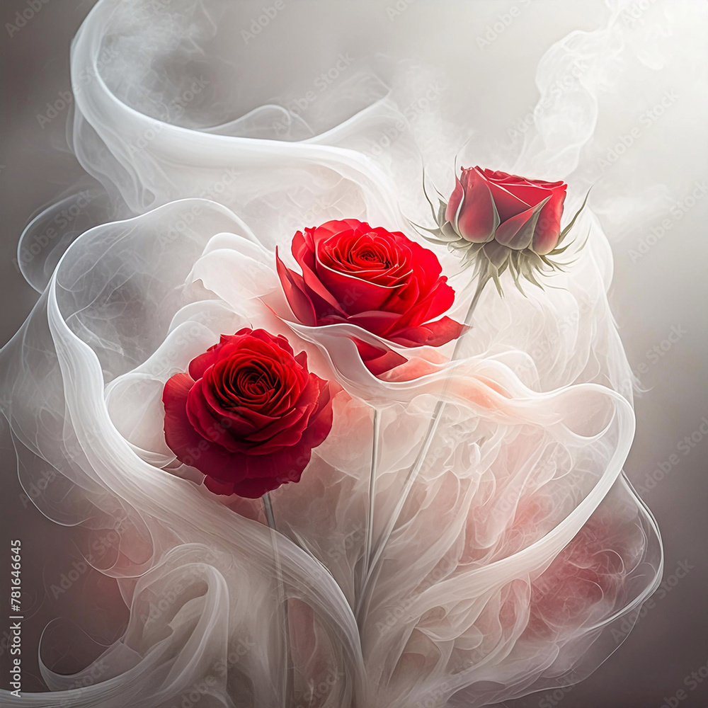 Abstrakcyjne kwiaty, czerwone róże. Biały dym. Dekoracja na ściane, abstrakcja. Tapeta kwiatowa - obrazy, fototapety, plakaty 