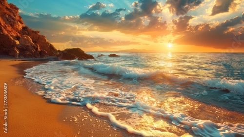 A beach with waves crashing on the shore and a sunset, AI photo