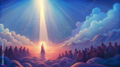 A ray of light breaks through the dark stormy sky shining down on a group of Israelites as they safely make their way through the parted Red