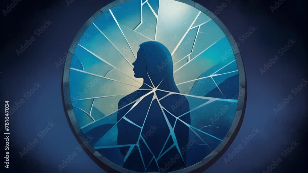 A mirror reflecting a dark troubled soul but then being shattered and pieced back together revealing the transformation of a broken life being
